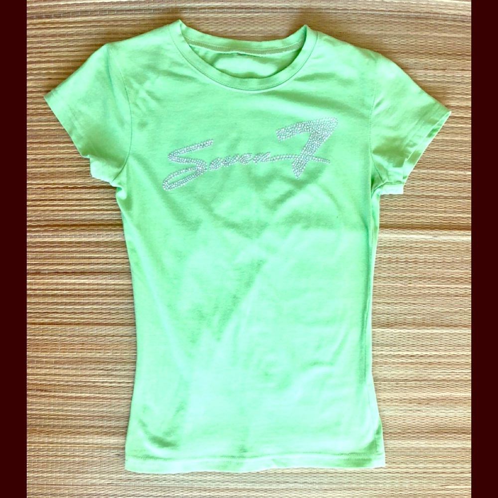 SEVEN 7 RHITESTONES/BLING LOGO GREEN TSHIRT COTTON